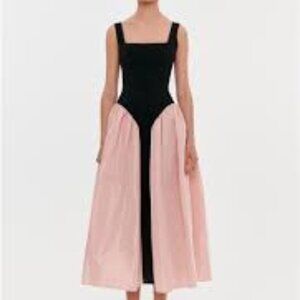 Milla-Black corset dress on straps with a glossy pink midi skirt